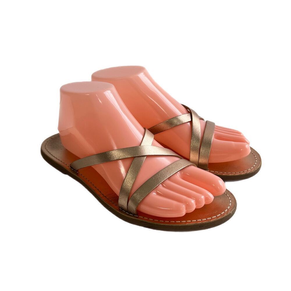 MADEWELL The Boardwalk Skinny Strap Slide Sandals in Metallic Gold Size 8.5